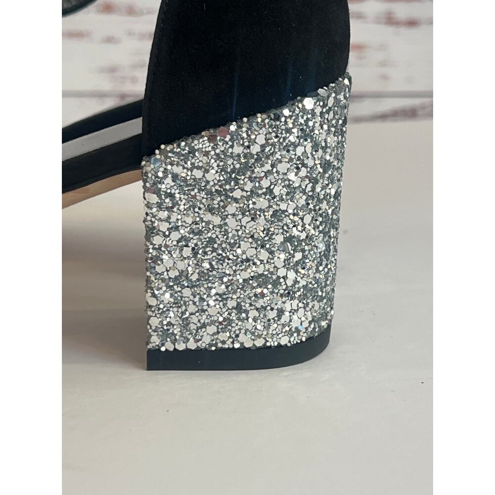 Stuart Weitzman Simplemid black suede silver glitter block heel size 9 - Picture 6 of 11